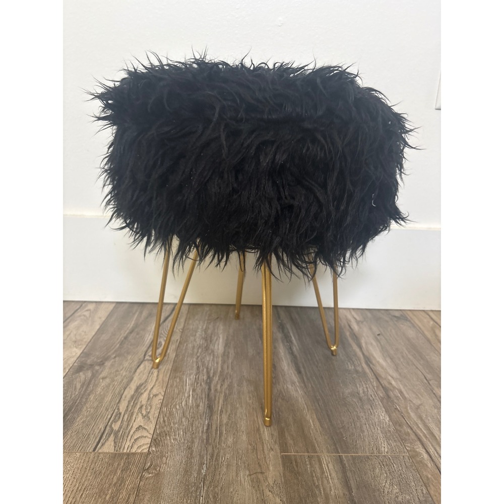 Black Faux Fur Ottoman Vanity Stool Gold Hairpin Legs Mid Century Modern Glam